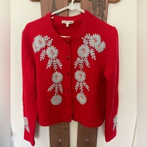 Alex Mill Red Cardigan with Floral Embroidery